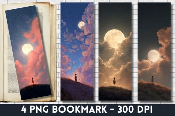 Boy Night Clouds Full Moon Bookmark PNG Graphics for Crafts