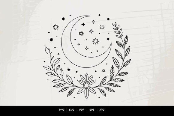 Celestial Moon Floral Line Art SVG Graphics and Illustrations