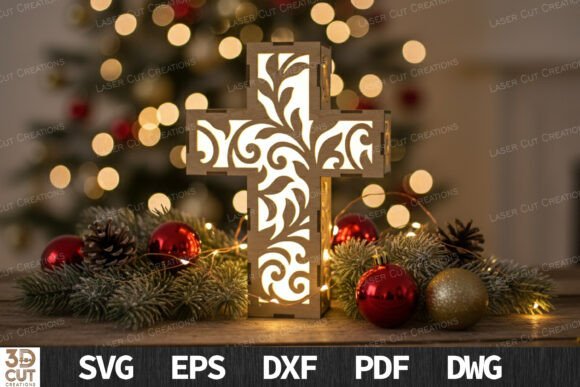 Christmas Floral Cross Lantern SVG for Laser Cutting Winter
