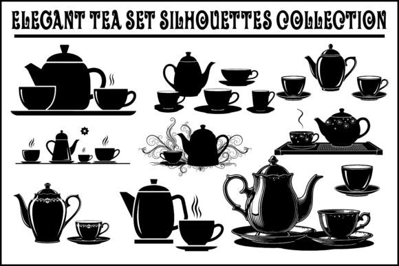 Elegant Tea Set Silhouettes Graphics for Crafts
