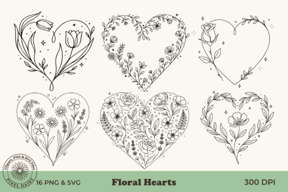 Floral Hearts Line Art Bundle: Elegant Graphics for Handmade Designs
