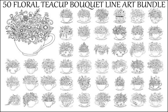 Floral Teacup Line Art Bundle: Graphics & Illustrations for Makers