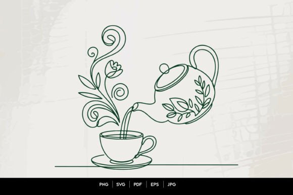 Floral Teapot Pouring Tea Line Art Vecto for Graphics and Illustrations