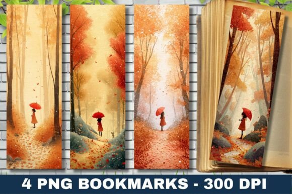 Girl Red Umbrella Rain Autumn Bookmark Graphics in Crafts