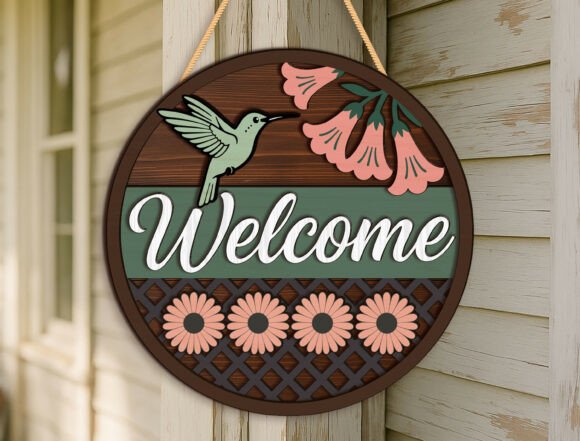 Hummingbird Floral Welcome Door Sign SVG for Laser Cutting Signs