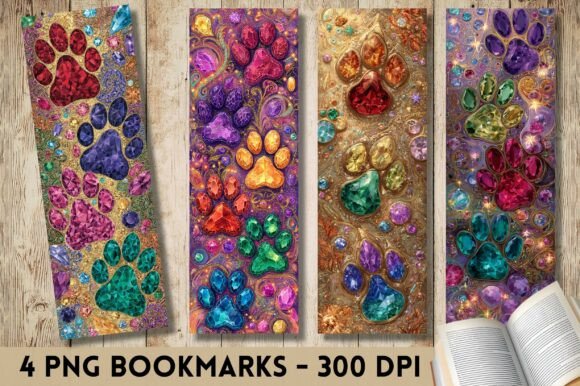 Jewel Dog Paw Prints Gemstone Bookmark Graphics for Crafts