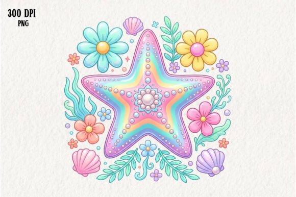 Retro Floral Summer Png, Preppy Starfish Graphics and Illustrations