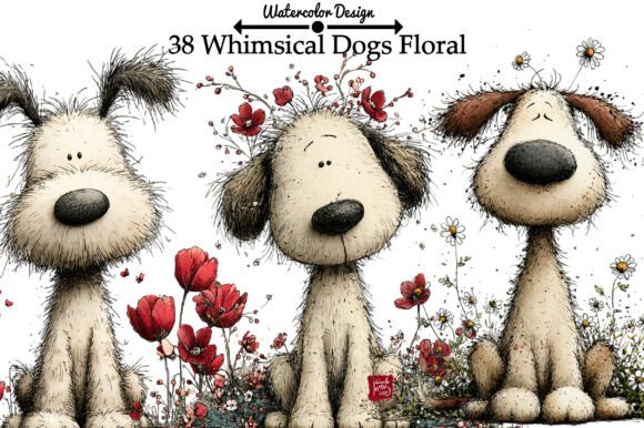 Whimsical Dogs Floral Clipart for Graphics and Illustrations
