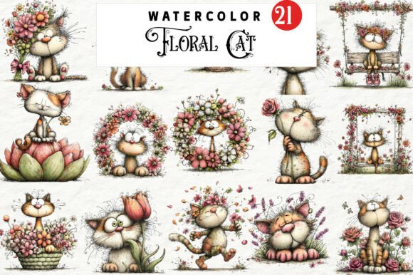 Whimsical Floral Cat Clipart for Graphics and Illustrations